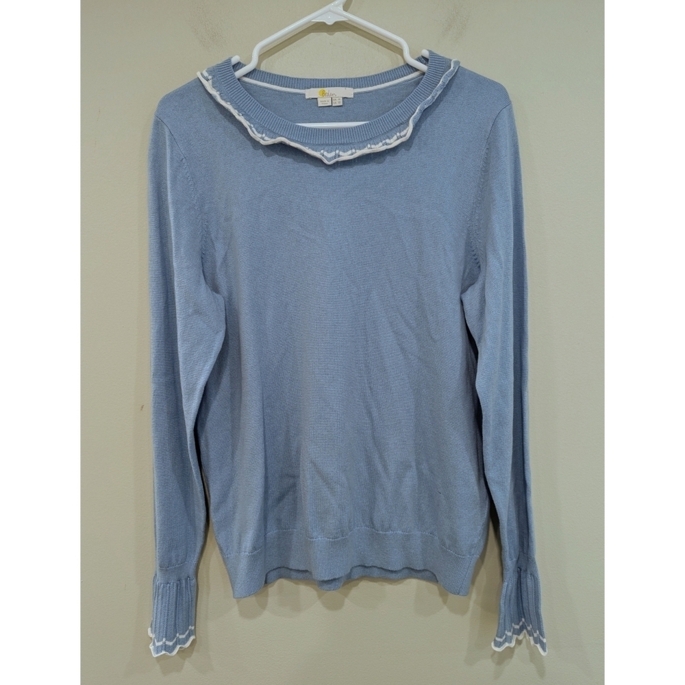 Boden Aimee Pointelle Ruffle Collar Frosted Blue Sweater Size 10